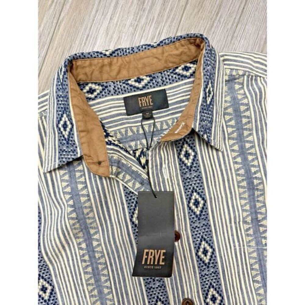 New Frye Men Medium Blue & White Summer IKAT‎ Woven Button Up Short Sleeve Shirt